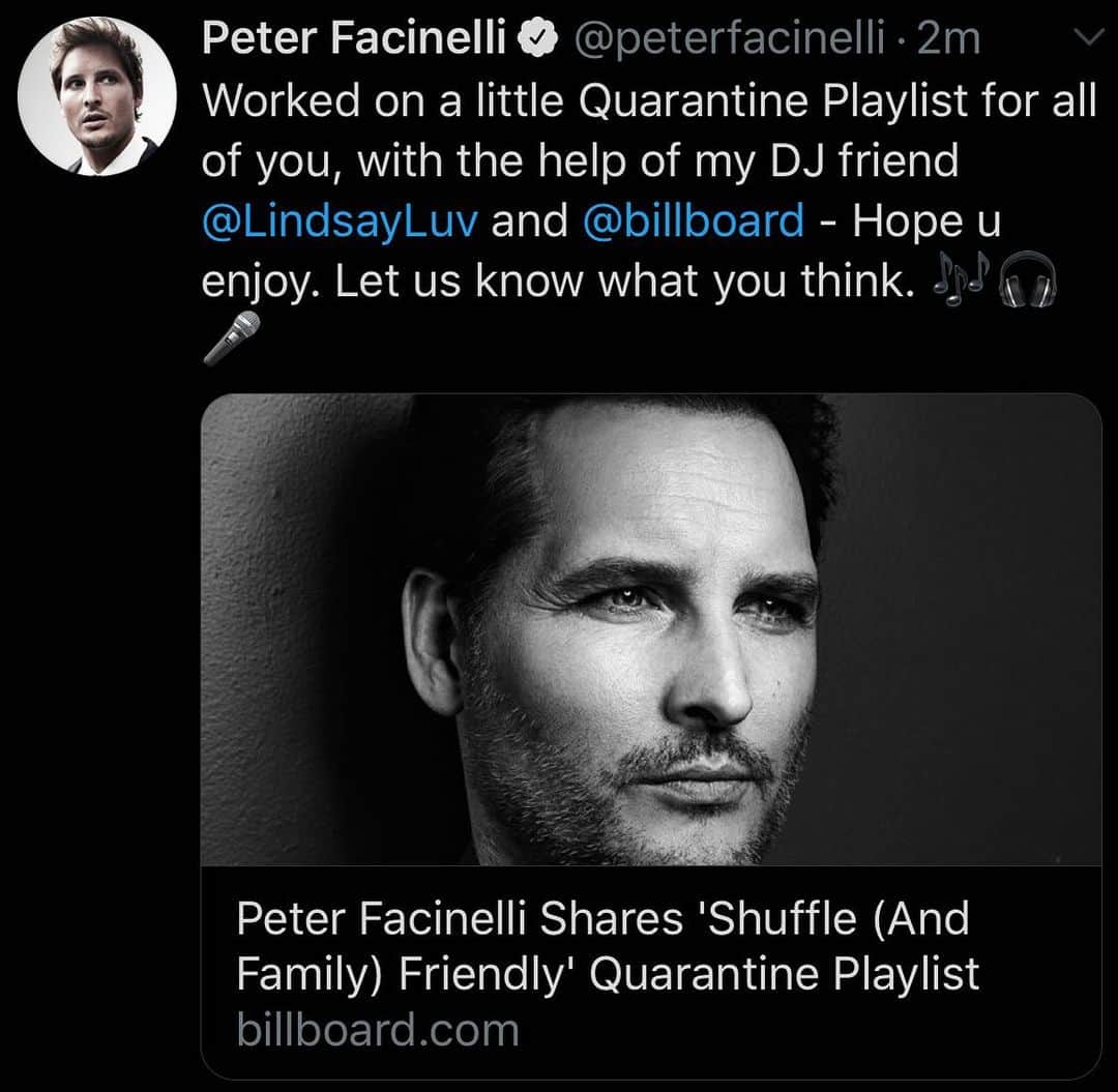 ピーター・ファシネリのインスタグラム：「Check out my twitter feed link in BIO for a direct link to Playlist. Big thanks to @lindsayluv for putting this together with me.」