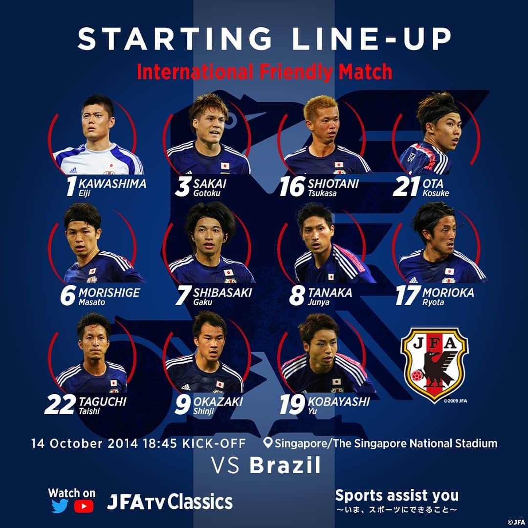 日本サッカー協会さんのインスタグラム写真 - (日本サッカー協会Instagram)「【STARTING LINE-UP】 ・ GK 1 #川島永嗣 DF 21 #太田宏介 DF 16 #塩谷司 DF 3 #酒井高徳 MF 6 #森重真人 MF 8 #田中順也 MF 22 #田口泰士 MF 17 #森岡亮太 MF 7 #柴崎岳 FW 9 #岡崎慎司 FW 19 #小林悠 ・ (SUB) GK 12 #西川周作 GK 23 #権田修一 DF 2 #水本裕貴 DF 5 #長友佑都 DF 20 #西大伍 DF 15 #鈴木大輔  MF 13 #細貝萌 FW 4 #本田圭佑 FW 18 #ハーフナーマイク FW 11 #柿谷曜一朗 FW 14 #武藤嘉紀 ・ 監督　ハビエル#アギーレ ・ 視聴は#YouTube チャンネル【JFATV】／サッカー日本代表 Twitter【jfa_samuraiblue】で ・ #StayHome #うちで過ごそう #SportsAssistYou #daihyo #SAMURAIBLUE」4月22日 20時22分 - japanfootballassociation