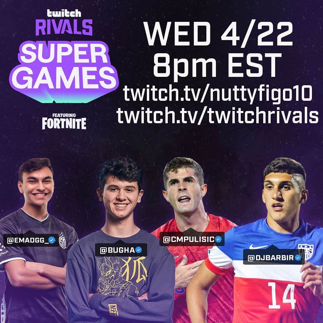 クリスチャン・プリシッチさんのインスタグラム写真 - (クリスチャン・プリシッチInstagram)「Tonight’s the night! Hype for the @twitch rivals Super Games with the squad! All for a great cause as well so tune in to the stream tonight at twitch.tv/nuttyfigo10 🙏🏽」4月23日 0時47分 - cmpulisic