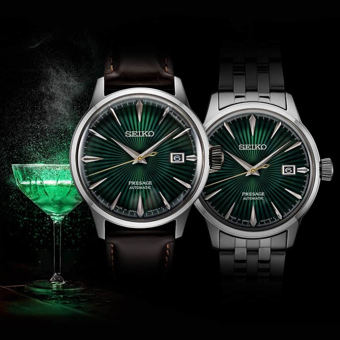Seiko Watchesさんのインスタグラム写真 - (Seiko WatchesInstagram)「Discover two cocktail-inspired mechanical timepieces from the #Presage collection, available in either a brown leather strap or stainless steel bracelet option. Each watch is decorated with a deep green dial reminiscent of the lush tones of a Mockingbird cocktail. Contact your local Seiko retailer for availability.  Ref. #SRPD37 #SRPE15」4月23日 9時01分 - seikowatchusa
