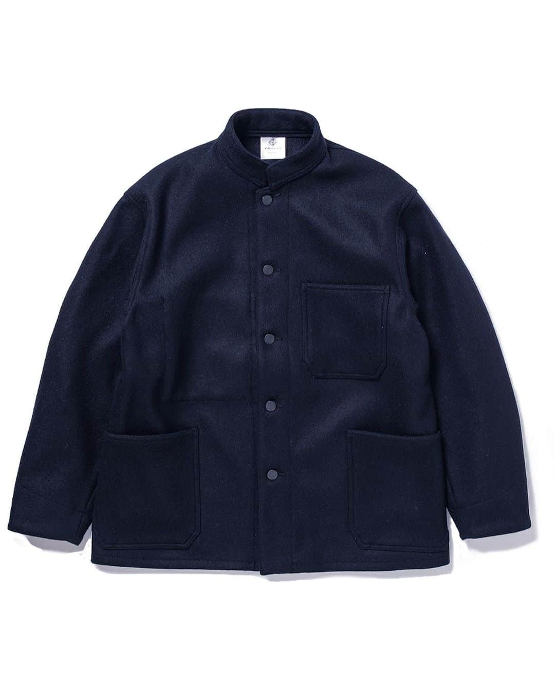 スタビライザー ジーンズのインスタグラム：「AW2020 8-35M stand collar chore coat color: dark navy fabric: mid weight melton material: 70% wool 20% angola 10% nylon chest: 36.38.40.42.44 release: Oct.2020 price: 44000JPY+tax #stabilizergnz」