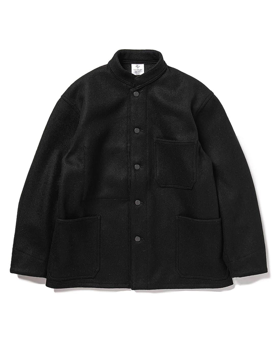 スタビライザー ジーンズのインスタグラム：「AW2020 8-35M stand collar chore coat color: black fabric: mid weight melton material: 70% wool 20% angola 10% nylon chest: 36.38.40.42.44 release: Oct.2020 price: 44000JPY+tax #stabilizergnz」