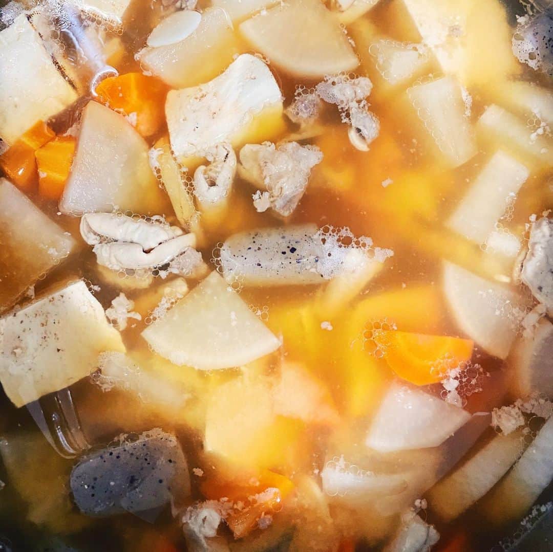 津田大介のインスタグラム：「通販で買った熟成肉のスジ肉が来たので白モツと合わせてモツ＆スジ煮込み。二日めは味が染み込み激ウマになったぞ。」