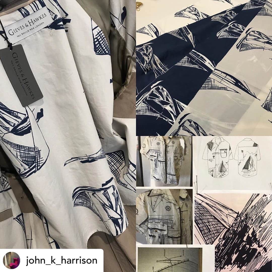 ギーブス&ホークスさんのインスタグラム写真 - (ギーブス&ホークスInstagram)「Repost our Creative Director @john_k_harrison  Part 4. ‘ case studies ‘. ‘ from the design stage we develop the individual ideas up to a finished garment. The following slides show how from an initial idea an item is realised. The cactus from SS began with a photo of succulents, and a fern embroidery. Draw up and placed on the garment by the talented Edward , it forms a engineered repeat pattern. Woven panel by panel to create the final jacket as shown. ‘The boat scarf was a vintage Gieves scarf from the 60’s which we re scaled and used in different areas , a lining for a mac, and a pocket square. ‘The blossom floral was a vintage piece of wallpaper that Emily cleverly re worked into a scarf and tie and pocket square. The lead image is our crown ships logo , 1771 , a gift to Robert Gieve , as it is usually reserved for naval use.」4月23日 15時53分 - gieveslondon
