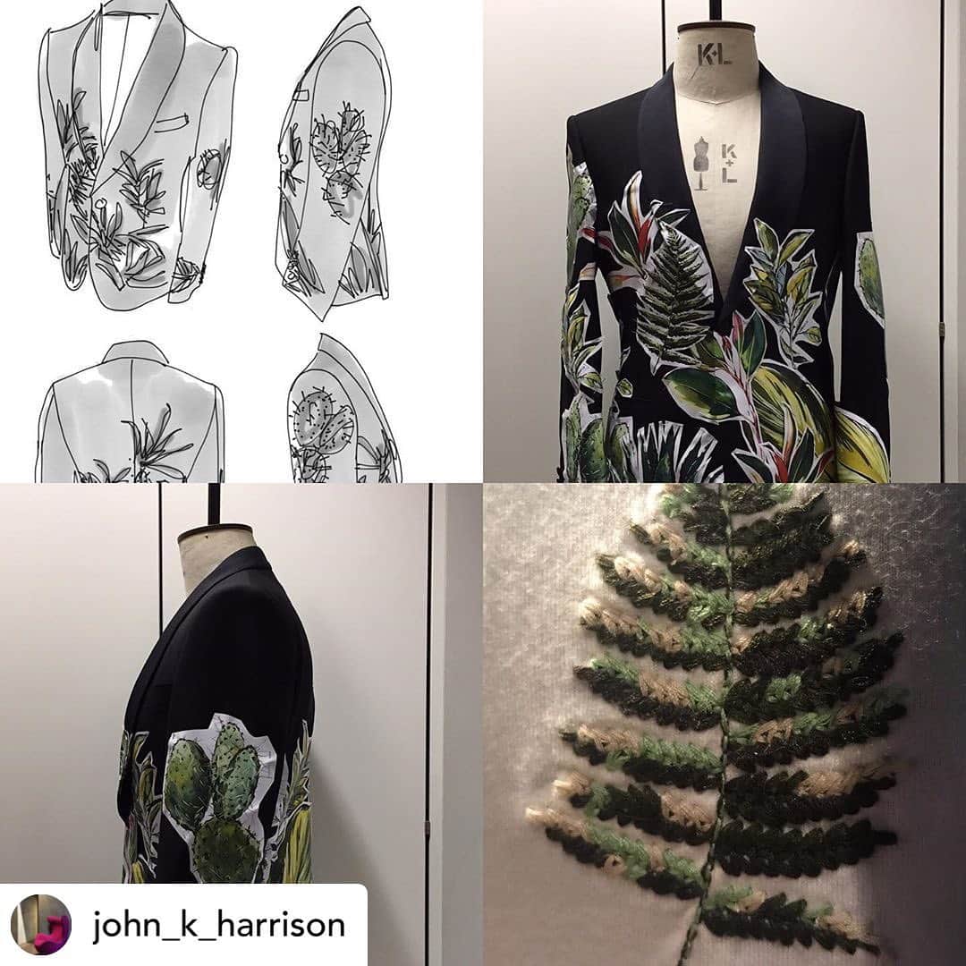 ギーブス&ホークスさんのインスタグラム写真 - (ギーブス&ホークスInstagram)「Repost our Creative Director @john_k_harrison  Part 4. ‘ case studies ‘. ‘ from the design stage we develop the individual ideas up to a finished garment. The following slides show how from an initial idea an item is realised. The cactus from SS began with a photo of succulents, and a fern embroidery. Draw up and placed on the garment by the talented Edward , it forms a engineered repeat pattern. Woven panel by panel to create the final jacket as shown. ‘The boat scarf was a vintage Gieves scarf from the 60’s which we re scaled and used in different areas , a lining for a mac, and a pocket square. ‘The blossom floral was a vintage piece of wallpaper that Emily cleverly re worked into a scarf and tie and pocket square. The lead image is our crown ships logo , 1771 , a gift to Robert Gieve , as it is usually reserved for naval use.」4月23日 15時53分 - gieveslondon