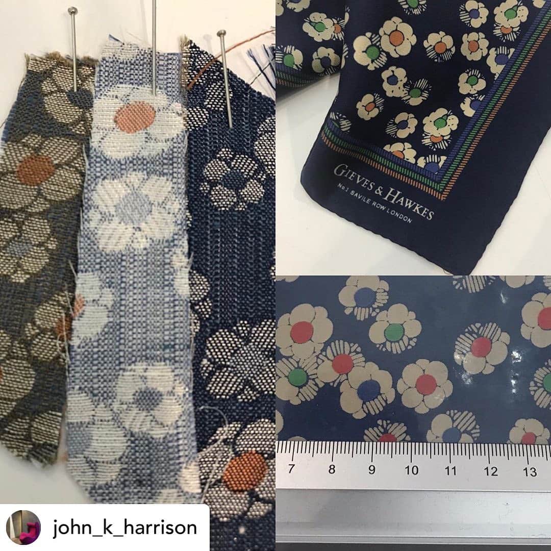 ギーブス&ホークスさんのインスタグラム写真 - (ギーブス&ホークスInstagram)「Repost our Creative Director @john_k_harrison  Part 4. ‘ case studies ‘. ‘ from the design stage we develop the individual ideas up to a finished garment. The following slides show how from an initial idea an item is realised. The cactus from SS began with a photo of succulents, and a fern embroidery. Draw up and placed on the garment by the talented Edward , it forms a engineered repeat pattern. Woven panel by panel to create the final jacket as shown. ‘The boat scarf was a vintage Gieves scarf from the 60’s which we re scaled and used in different areas , a lining for a mac, and a pocket square. ‘The blossom floral was a vintage piece of wallpaper that Emily cleverly re worked into a scarf and tie and pocket square. The lead image is our crown ships logo , 1771 , a gift to Robert Gieve , as it is usually reserved for naval use.」4月23日 15時53分 - gieveslondon