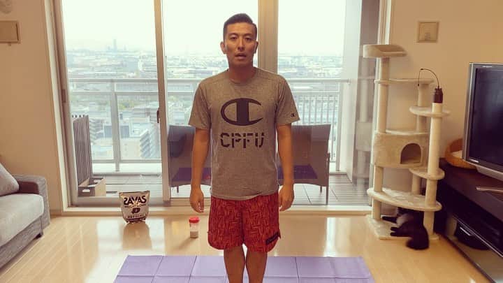 寺内健のインスタグラム：「家トレーニング🏡 飛込競技の捻り技と回転の為のトレーニングとして行っています。 普段の回数は10往復×3セット。強度は少し高めですが是非挑戦してみて下さい。 #ザバス #家トレしてプロテイン #猫監督 #腹筋 #おうち時間 #diving」