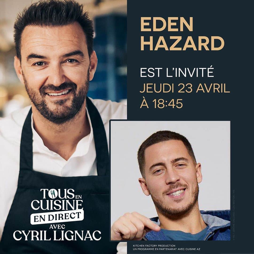 エデン・アザールのインスタグラム：「Ce soir, j’enlève le maillot... et je mets le tablier ! 😏 Tonight I take off my jersey and put on my apron !👌🏿👍🏿#onestensemble #tousencuisineendirectaveccyrillignac」