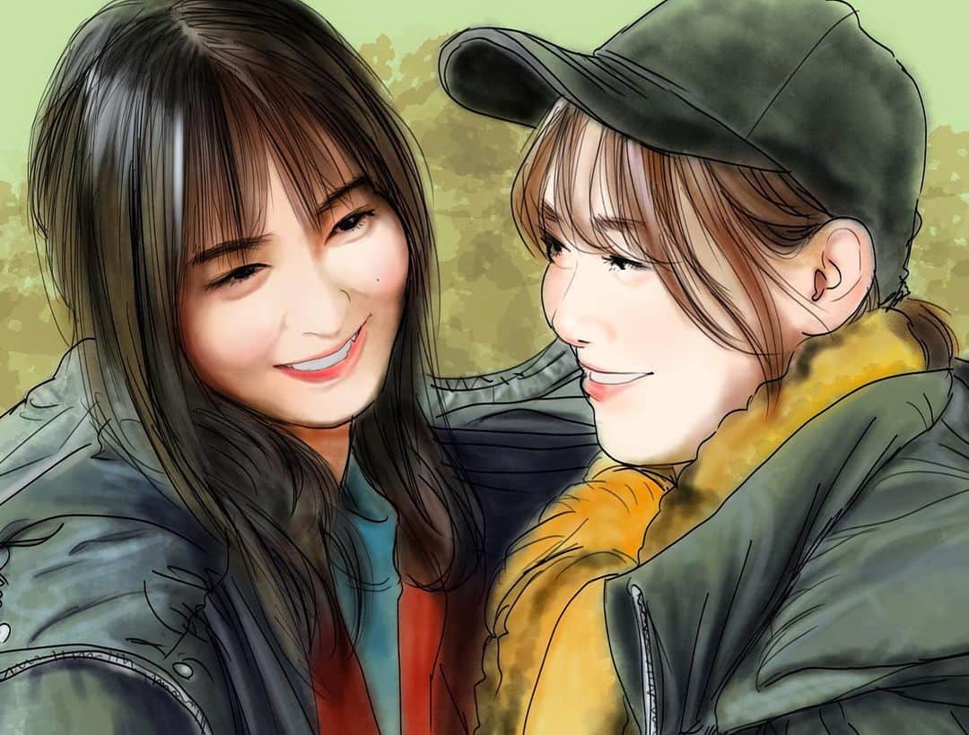 のインスタグラム：「『遠藤さくらさんと田村真佑さん』 #似顔絵 #イラスト  #イラストレーション #アイドル #乃木坂46 #遠藤さくら #田村真佑  #乃木坂イラスト #caricature #illustration #portrait #artwork #drawing #popidol #nogizaka46 #sakuraendou #mayutamura」