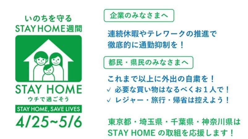 小池百合子のインスタグラム：「4月25日（土）～5月6日（水）までを、いのちを守る「Stay Home週間」とし、都民の皆様へ大型連休中の一層の外出抑制を求めます。﻿ ﻿ また、スーパーでの3密を解消するため、買い物を3日に1回程度に控えてください。食料品の供給は十分にありますので、必要以上の買いだめなども不要です。お買い物は一人で、短時間で、済ませるようにご協力ください。﻿ ﻿ ﻿ 平穏な日常を1日も早く取り戻すため、みんなで協力して頑張りましょう。﻿ #stayhome」