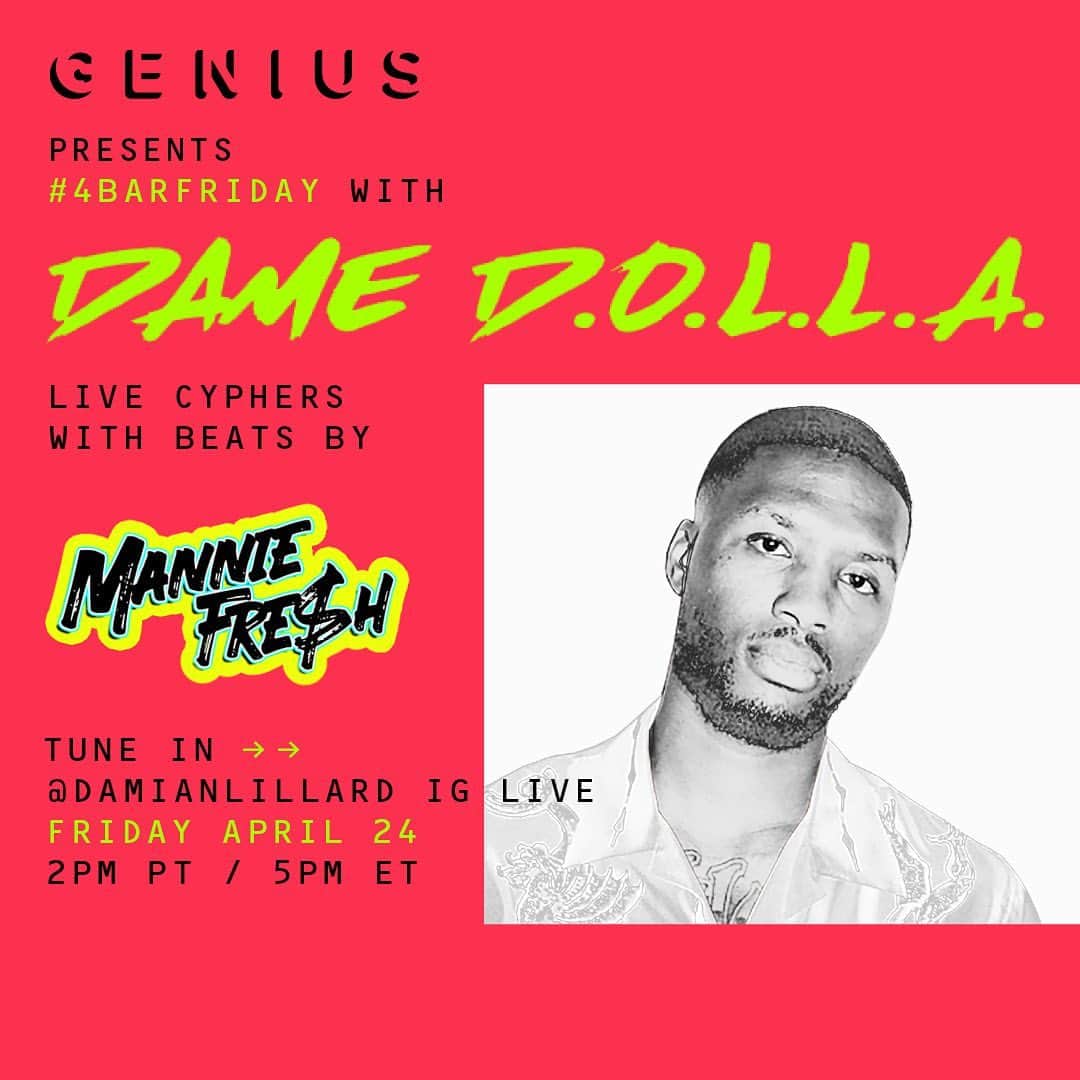 デイミアン・リラードのインスタグラム：「🚨Back at it for Week 4 of my #4BarFriday x @genius IG Live Cypher Series tomorrow at 2pm PT/5pm ET. @manniefresh is the producer this week and will be joining me live to provide beats for all the MCs! The Week 3 participants set the bar very high, so Week 4 MCs gotta go crazy! This week’s 8 MCs are: @addmo @geenessmusic @muneeetp @troofforever @victionarymusic @blipgripgrizzy @_prentice @iamgallolocknez Just trying to do something positive every week while we are in #StayHome lockdown. Tag real fans of hip-hop that you think should be watching this every week.」