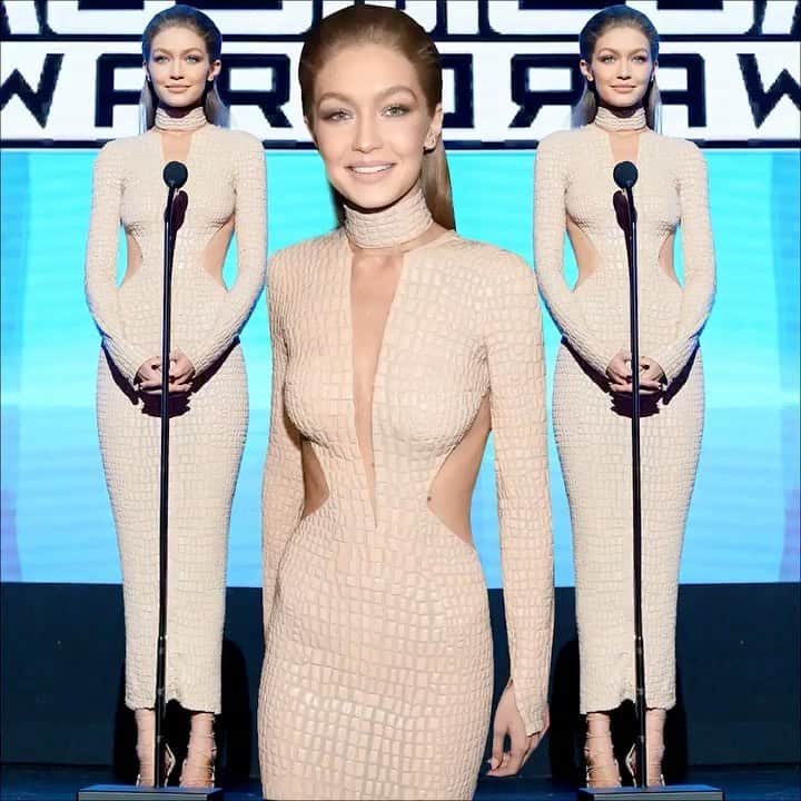 ジュリアンマクドナルドのインスタグラム：「Happy birthday to the extraordinary and multitalented @gigihadid - Looking stunning on stage in a bespoke nude #JULIENMACDONALD deep v-neck dress with croc-embellishment detailing and collar during the American Music Awards @amas  I hope you have an amazing birthday @gigihadid! Looking forward to catching up soon! Love always, Julien xx  Styled by the incredible @monicarosestyle」
