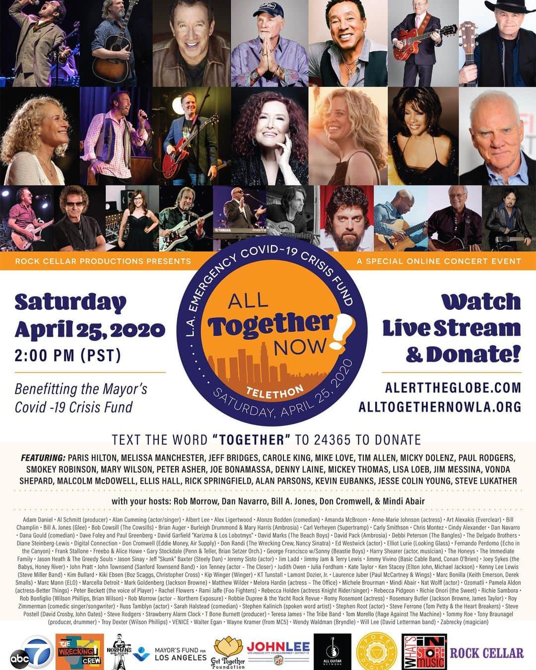 ロブ・モローのインスタグラム：「Tune in, Amigos.  Go to alltogethernowla.org starting sat April 25 from 2pm (pst) - 11pm. I’ll be hosting the first 2 hours and will have a song/vid play in the last 2 hrs when @mindiabair hosts @alltogethernowtv #Covid-19CrisisFund」