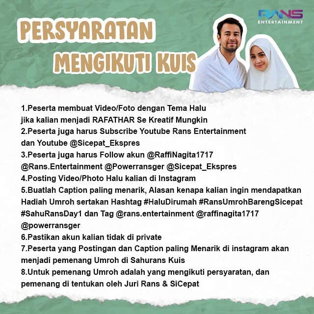 Raffi Ahmadさんのインスタグラム写真 - (Raffi AhmadInstagram)「Ayo guys buruan buat Video/Photo Halu kalian Jika menjadi RAFATHAR , Persyaratan Lengkapnya ada di Slide ke 2 , Buat se Kreatif mungkin yah, biar kalian bisa dapet hadiah Umroh🙏🏻😇 . @sicepat_ekspres  @rans.entertainment #HaluDirumah  #RansUmrohBarengSicepat #SahuRansDay1」4月24日 2時26分 - raffinagita1717