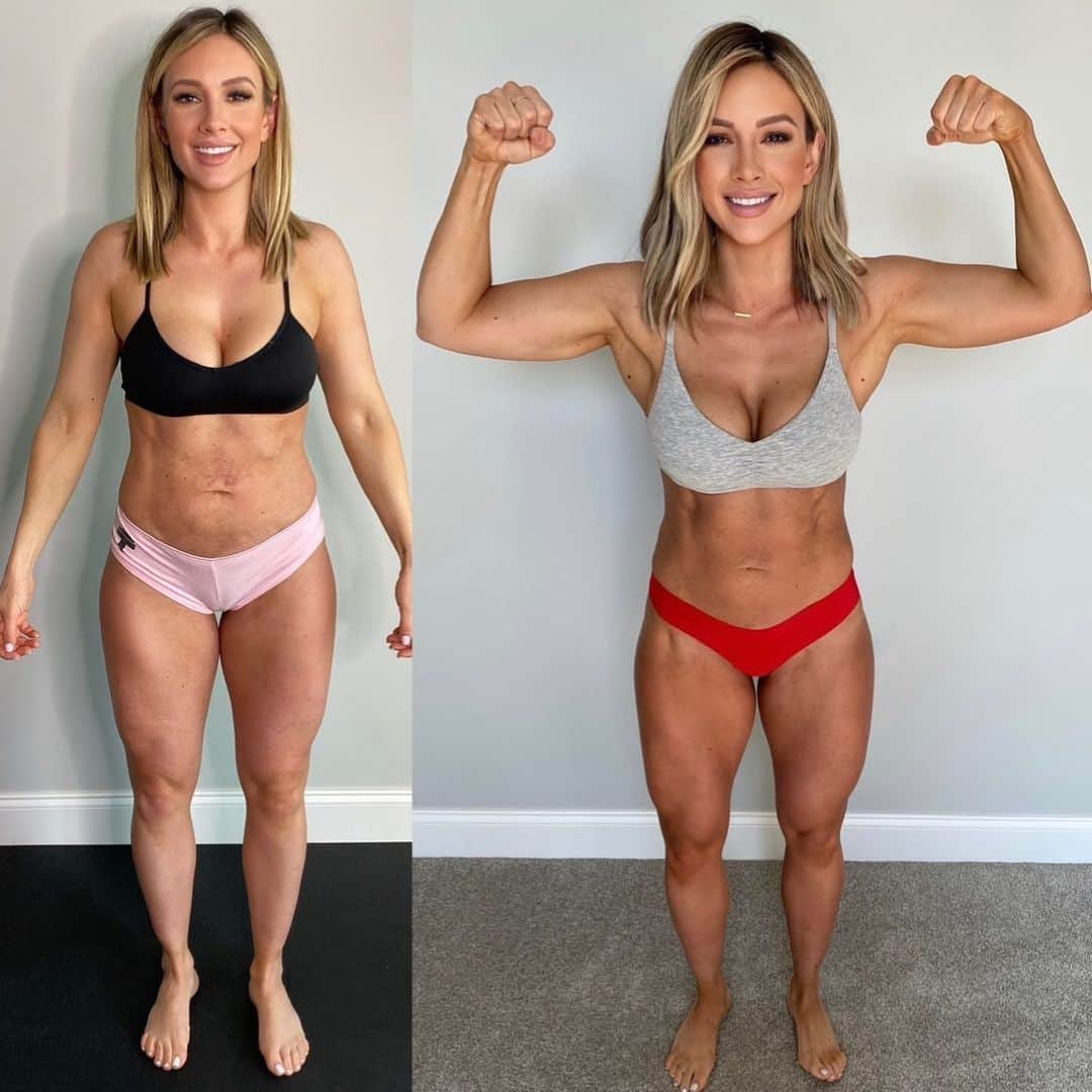 Paige Hathawayさんのインスタグラム写真 - (Paige HathawayInstagram)「SWIPE >> to see our 5 week transformations with my @fitin5challenge!  Here I am #7monthspostpartum. This is Jason 7 months postpartum also 😂 For me.. This journey hasn’t been easy but I’m slowly getting the result that I’ve been working so hard for! I lost so much muscle during pregnancy and after birth. Even though I’ve been working out for nearly 10 years it’s still been quite tough for me to get my fitness back. After having P I’ve felt like a beginner again (could barely do 1 push up or pull up) literally starting all over! 😣 This has been tough for my ego also because I’m used to being capable of so much more.  Nothing beats hard work and consistency though — NOTHING!! I’m not “there” yet (where ever there is lol) but Im definitely getting “there” and I’m feeling a lot more comfortable and confident with my results! I’m finally feeling “STRONG” again 😤 (slowly but surely) — biggest thing I had to do was CHANGE MY MINDSET and learn to be my biggest fan. We can be our own worst enemy sometimes.  We did my @fitin5challenge the last 5 weeks to help us both stay motivated while sticking to a plan. 🥳These are our results and we will both be doing my next one starting in 1.5 weeks. It’s actually fun for me to be on a program and have a specific goal in mind, working towards that everyday. If you’ve got a fitness goal.. let me be the first to tell you that results do not happen over night — you’ve gotta work hard and be consistent everyday — main thing is just don’t give up and truly believe you can do anything you set your mind too! BECAUSE YOU CAN!  MY: First photo: 144lbs | second photo: 138lbs Total 5 week weight loss - 6lbs JASON: First photo 178lbs | second photo: 166lbs Total 5 week weight loss - 12lbs (that A-hole lol 😂) After photo TANS are from my fav: @rossaselftanning」4月24日 2時42分 - paigehathaway