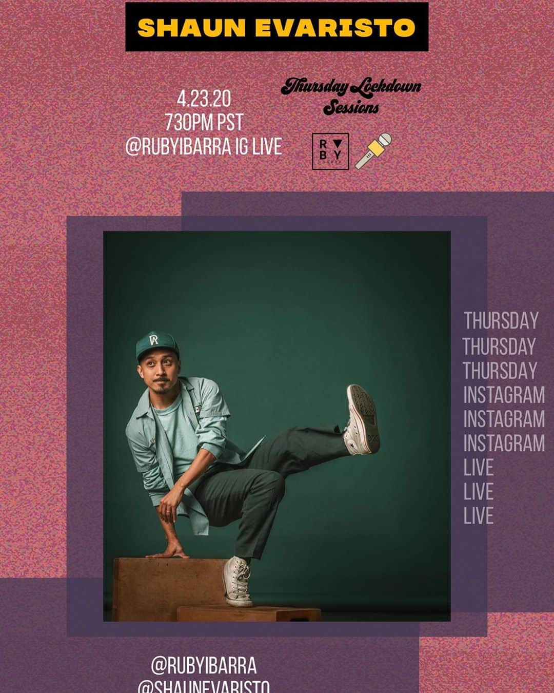 ショーン・エバリストのインスタグラム：「7:30pm tonight IG live with @rubyibarra and friends. I’ll be performing, talking and spreading the word about our @movement.lifestyle gofundme💪🏽💚🙏🏽 We’ve been getting so much love and words cannot express the overwhelming gratitude. Hope my set gives some love back into the world somehow. ✨Other artists will be sharing their gifts as well, I’m on at 7:55pm🙇🏻‍♂️ . . (first time doing this, wish me luck!😬Also Aye Chan helping me “stage manage” haha 👍🏽」