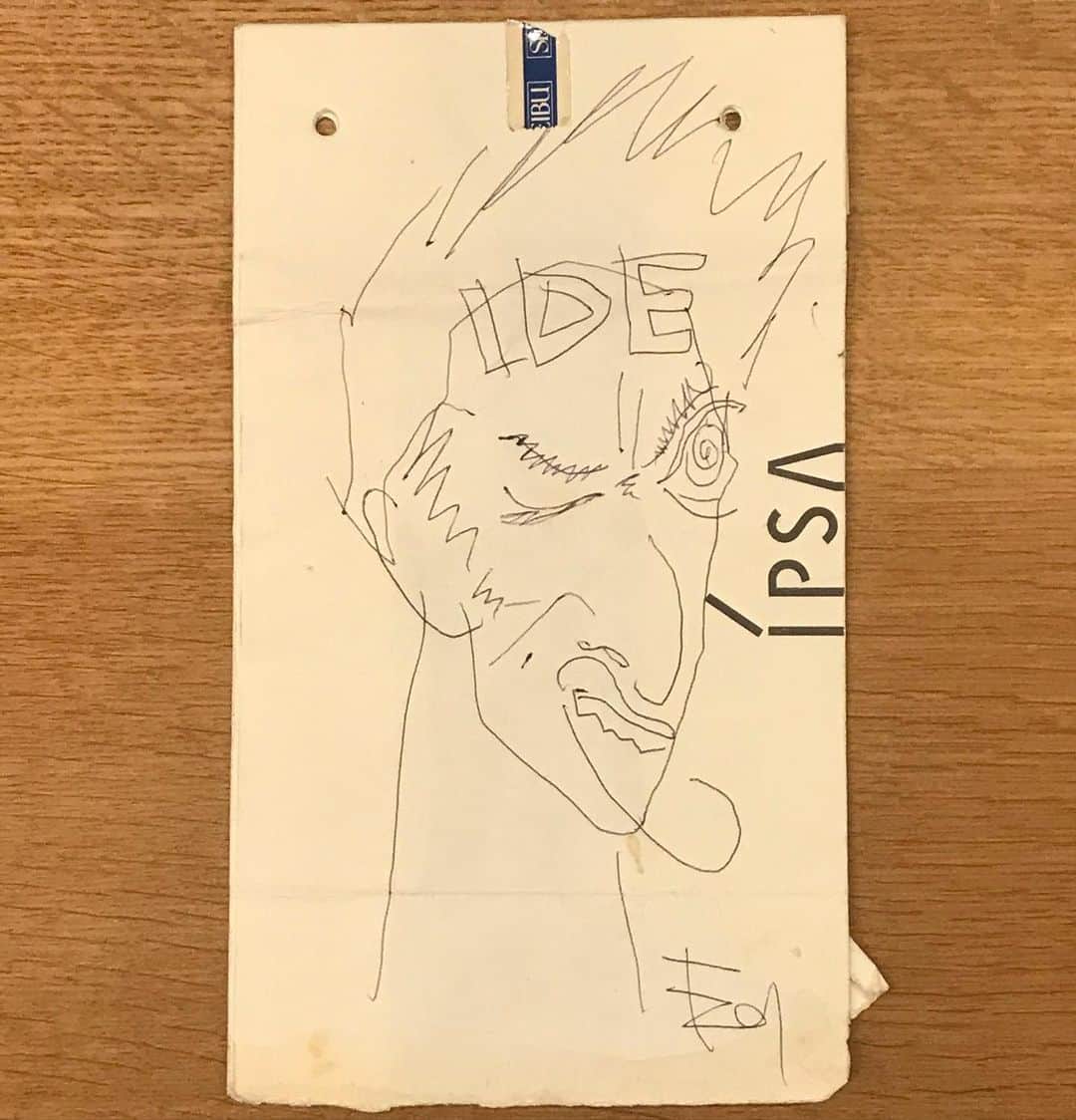 井手大介のインスタグラム：「その昔にEd TSUWAKIさんに書いてもらった似顔絵が出てきた。この紙は西武デパートの袋だろうか。この時はお互いに酔ってた気がする。また出会えてすごく嬉しい。エドさんありがとう！」