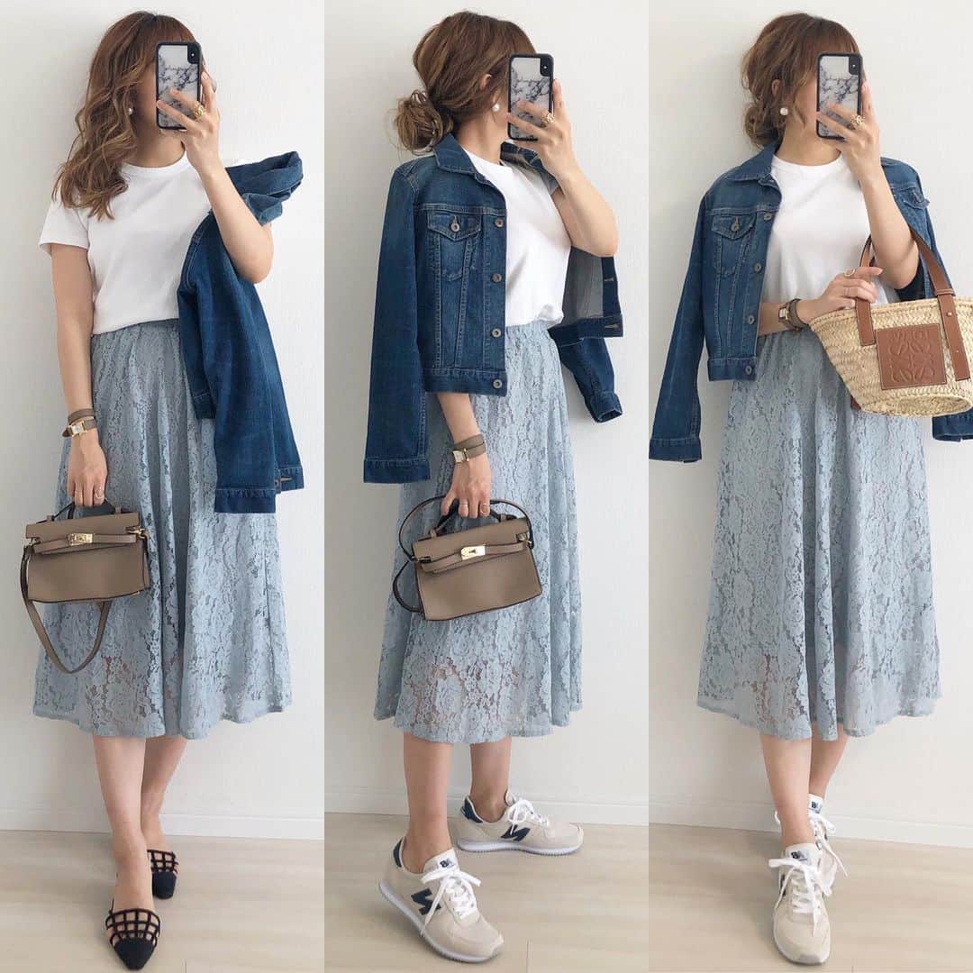 Miyoのインスタグラム：「2020.4.24 ・ 春らしいブルーのレーススカート💙 デニムジャケットやスニーカーを合わせればカジュアルにも着れます☺️👟 ウエストゴムなので着心地が良いです✨ ・ デニムジャケット…#UNIQLO クルーネックT…#ユニクロ #総レースフラワーフレアスカート　…#fifth#fifthtl#フィフス　@fifth_store ☑︎50%offクーポンが出てました✨ 靴…#ZARA#ザラ#newbalance #フロントミニベルトショルダー　…#EditSheen#エディットシーン　@editsheen_store かごバッグ…#LOEWE ・ ・ ・ #おうち時間#bag#バッグ#スカート#高身長コーデ#今日のコーデ#春コーデ#カジュアル#ママコーデ#ママファッション#ユニクロコーデ#ザラコーデ#プチプラコーデ#プチプラファッション#シンプルコーデ#カジュアルコーデ#大人カジュアル」