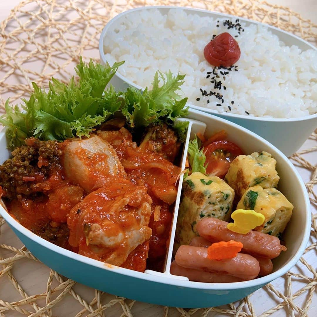 本田しおりのインスタグラム：「#今日のお弁当  #鶏のトマト煮込み弁当  #お弁当 #本田弁当 #旦那さん弁当 #神ちゃん弁当」