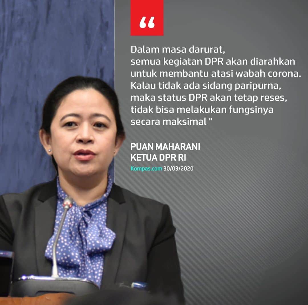 大槻ひびきのインスタグラム：「"Dalam masa darurat, semua kegiatan DPR akan diarahkan untuk membantu atasi wabah corona. Kalau tidak ada sidang paripurna, maka status DPR akan tetap reses, tidak bisa melakukan fungsinya secara maksimal." • Puan Maharani  Ketua DPR RI 30/03/2020 Kompas.com」