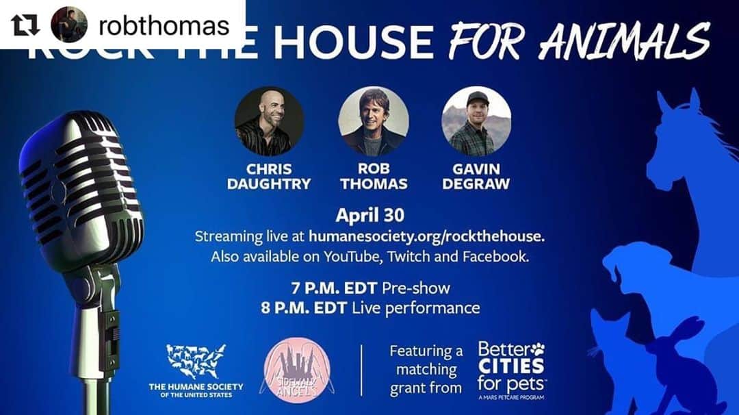 クリス・ドートリーのインスタグラム：「#Repost @robthomas with @make_repost ・・・ Mari and i would like to invite you to Rock the House for Animals, a virtual benefit for people, their pets and shelters impacted by COVID-19. Join me, @GavinDeGraw & @ChrisDaughtry on April 30th for a very special event helping animals across the country, in partnership with @humanesociety & @sidewalkangels. #rockforanimals」