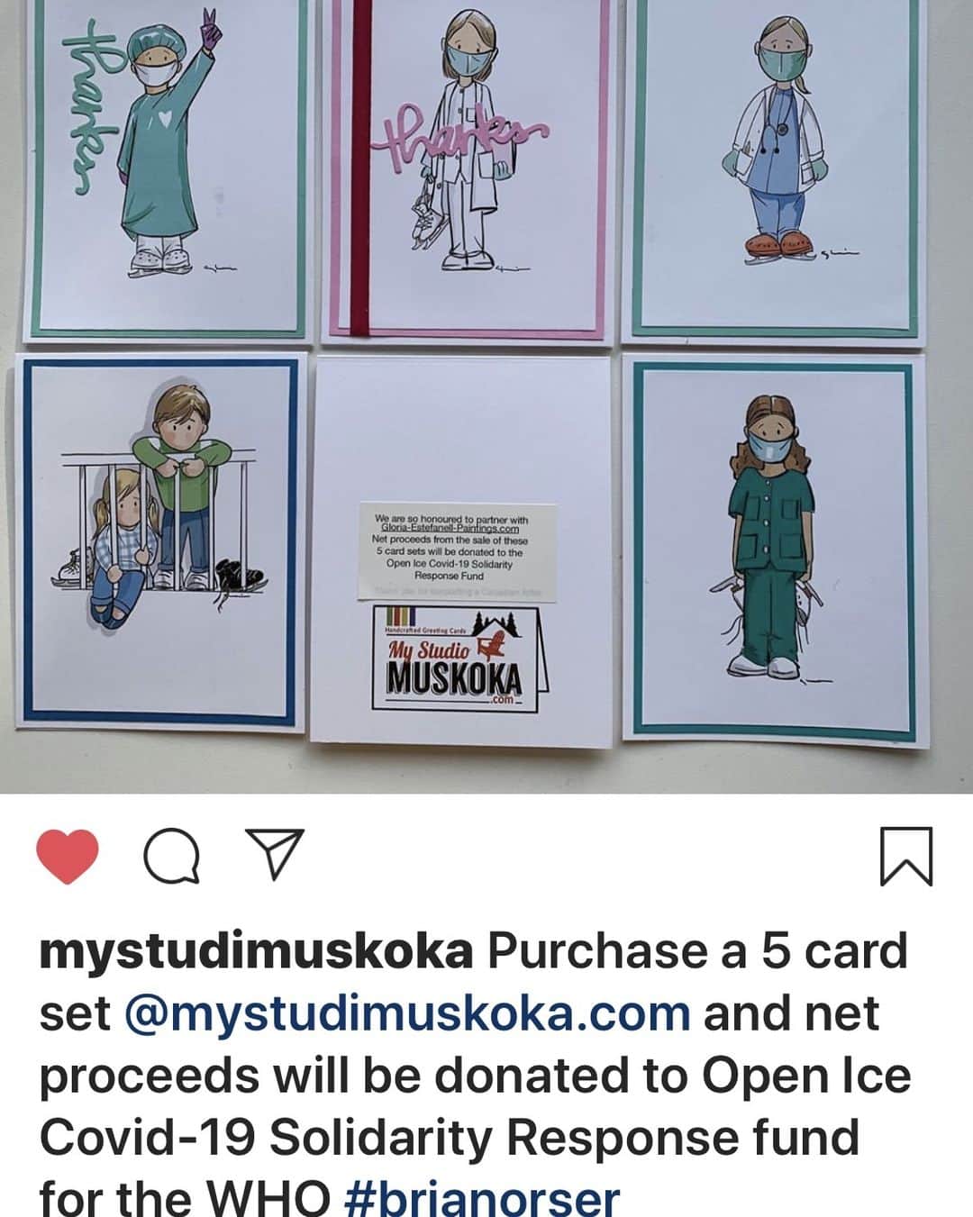 ブライアン・オーサーのインスタグラム：「Check out these awesome cards ( some with skates ) at #mystudiomuskoka.com collaboration with #gloria_estefanell_art  proceeds to open ice Covid-19 solidarity response fund for the W.H.O.」