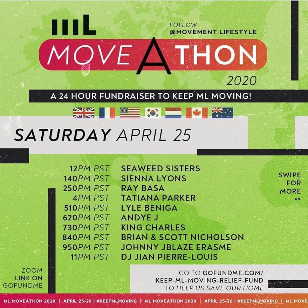 ショーン・エバリストのインスタグラム：「Line up is out world 🌎🙌🏽Our @movement.lifestyle 24 hour “mL moveathon” starts at 12pm tomorrow April 25th - 26th! All my dancers, let’s go!!😤💪🏽 Click on our mL go fund me page to get the ZOOM link into each class! •Link in bio •no registration •up to 1000 movers per class 😳 . . .  We want to keep serving our dance community and our gofundme goal gives us the ability to stay afloat and figure out how to keep on fighting through all this. Let’s keep it going as far as we can go 🚀🚀🚀THANK YOU tremendously to ALL who have posted, shared or donated during this crazy time in the world🥺I hope our global community of dancers enjoys our 24 hours of dance as a thank you to everyone who is helping to #keepmLmoving 💚✨」