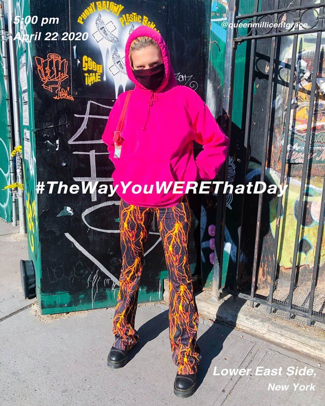 筒井心一のインスタグラム：「@queenmillicentgrace quarantined in #LowerEastSide at 5:00 pm, April 22 2020, #NewYork  photo by her partner quarantined with @pinkmonkie ﻿ #OutfitOfTheDay = #TheWayYouWEREThatDay #QuarantineEdition  #TWYWTD #ShinichiTsutsui」