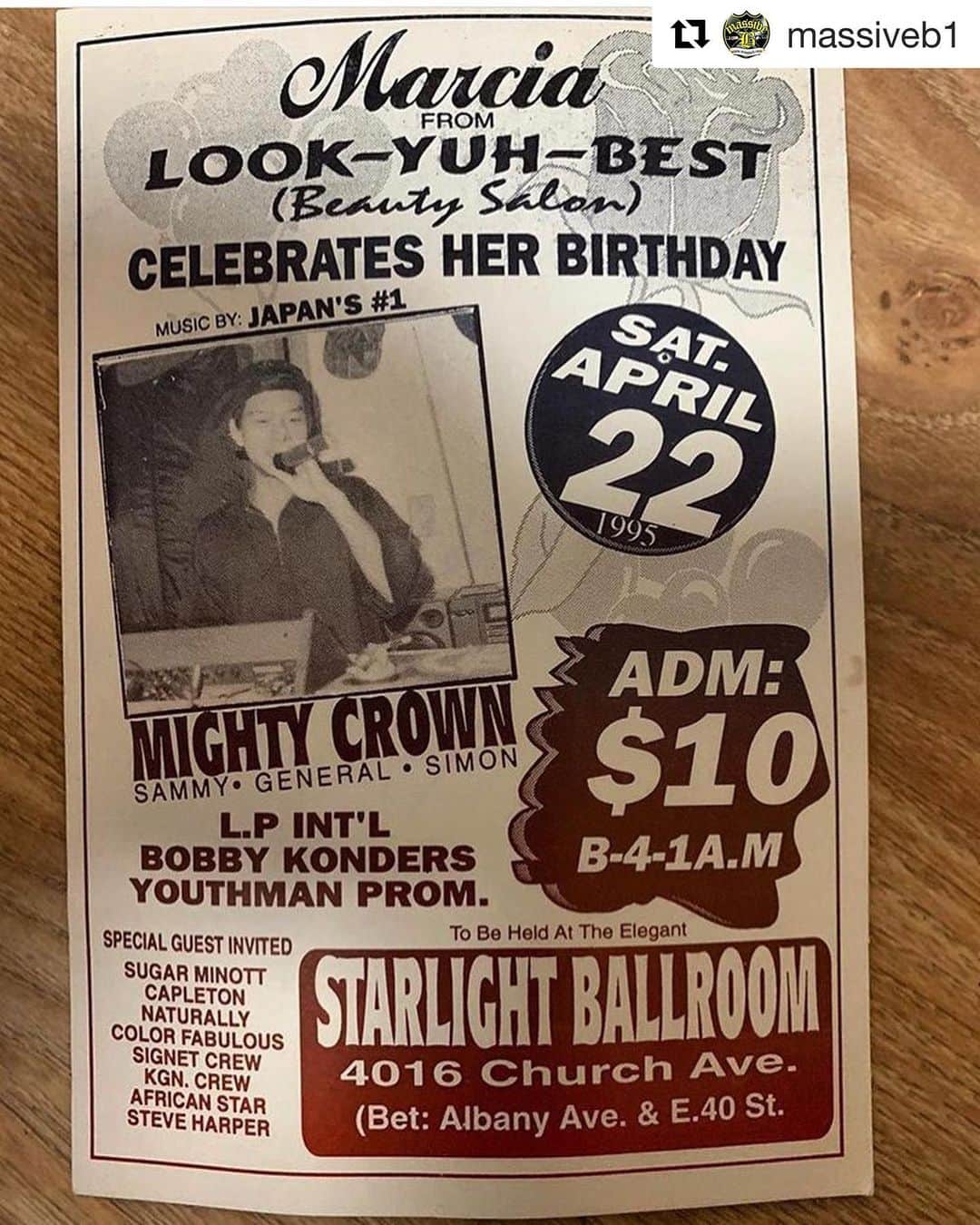 MIGHTY CROWNさんのインスタグラム写真 - (MIGHTY CROWNInstagram)「When I said nuff a dem Nuh know bout #biltmore#ballroom #starlite  #tilden and dem place deh in world clash some badmind a fight me and seh a pure lie me a tell, now tell me seh mi neva go dem place deh, ca this flyer talks fact !  Nuff respect #massiveb fi finding this flyer, and @lp_intl  @bobbykonders and #youthmanpromotion  general fi da one deh  #soundsystemculture  #Repost @massiveb1 with @get_repost ・・・ #FBF @lp_intl and @mightycrown @irishandchin @bobbykonders @realjabba @massiveb1 original 1995 flyer from @samicrown_lens @mastasimon first appearance in Nyc starlight ballroom . Many never knew mighty crowns existence from then till now . LP INTERNATIONAL BEEN TRUE TO THIS AND NEVER NEW TO THIS .  Stay tuned for more history !」4月25日 9時35分 - mightycrown