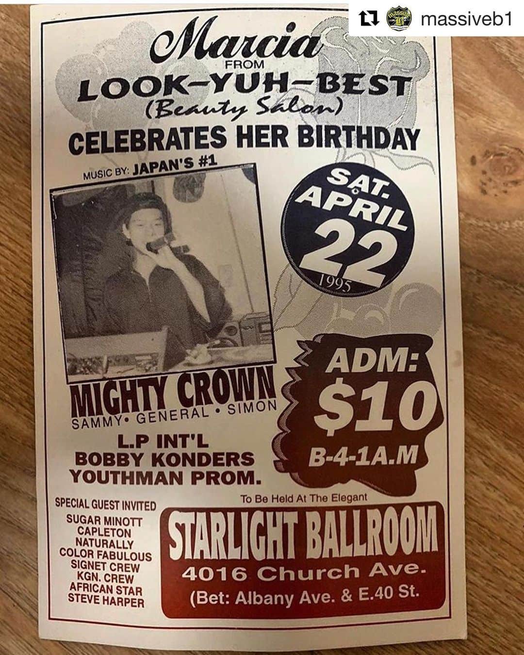 MIGHTY CROWNのインスタグラム：「When I said nuff a dem Nuh know bout #biltmore#ballroom #starlite  #tilden and dem place deh in world clash some badmind a fight me and seh a pure lie me a tell, now tell me seh mi neva go dem place deh, ca this flyer talks fact !  Nuff respect #massiveb fi finding this flyer, and @lp_intl  @bobbykonders and #youthmanpromotion  general fi da one deh  #soundsystemculture  #Repost @massiveb1 with @get_repost ・・・ #FBF @lp_intl and @mightycrown @irishandchin @bobbykonders @realjabba @massiveb1 original 1995 flyer from @samicrown_lens @mastasimon first appearance in Nyc starlight ballroom . Many never knew mighty crowns existence from then till now . LP INTERNATIONAL BEEN TRUE TO THIS AND NEVER NEW TO THIS .  Stay tuned for more history !」