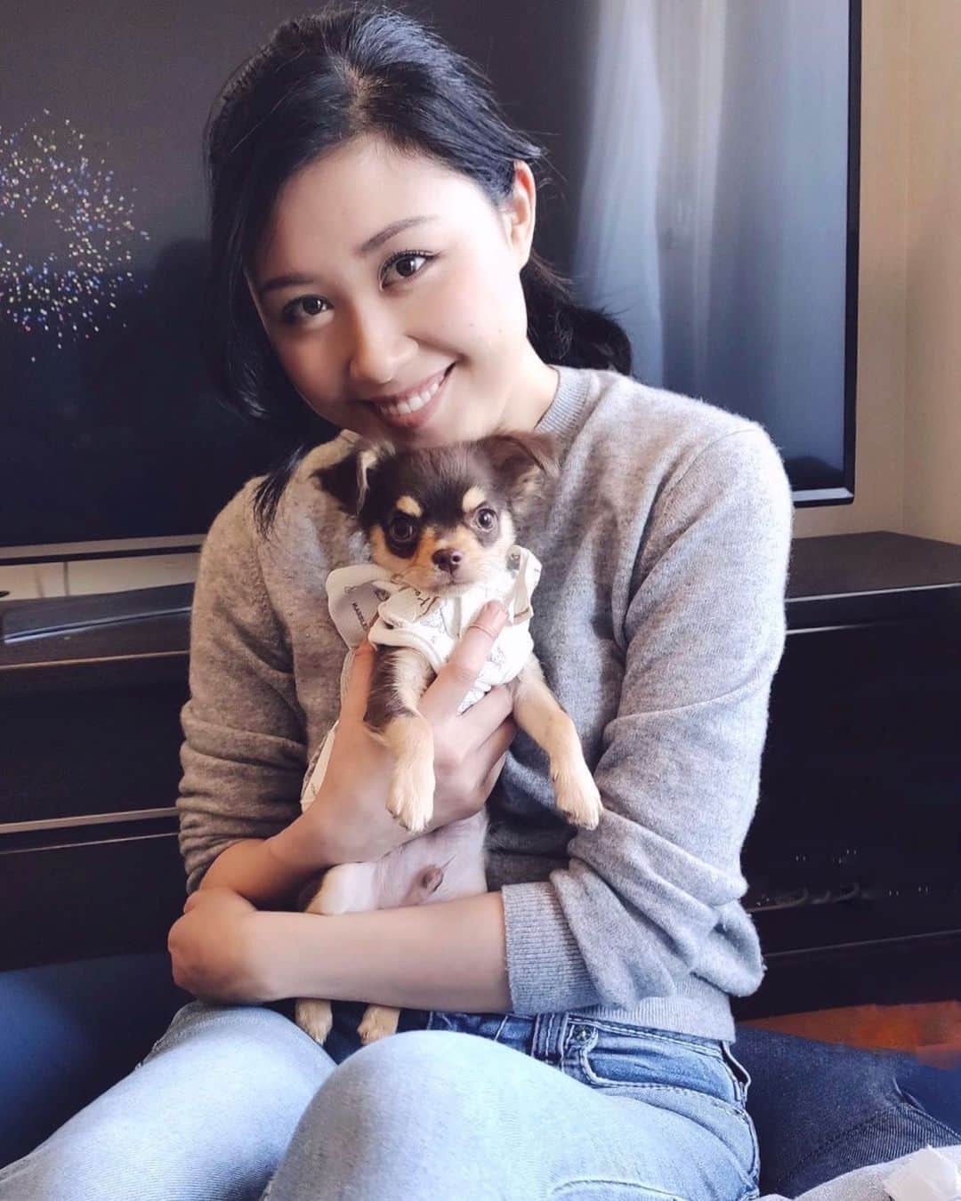 Rina Itagakiのインスタグラム：「Happy weekend☀️ おうち時間はニコたんとずっと一緒🏠 今日のお昼は何食べようかな〜🍴 #home #quarantine #いぬのいるくらし #チワワ #チョコタン #5ヶ月 #おうち時間」