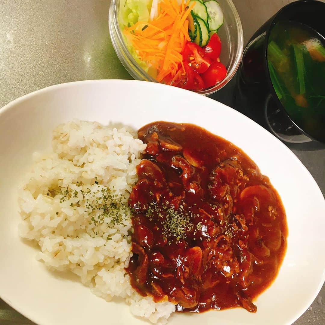 水野愛日のインスタグラム：「自分を、相手を、見知らぬ誰かも守る為、今はおうちで、じっ…  どのように過ごしてますか？  私は、もともと家で過ごすのは得意なのに、なぜかあんまりやる気が起きず 笑  時間たっぷり凝ることも出来るはずの料理も、ひねりのない、簡単なものばかりしています…… あとはいっその事ダイエット飯。笑  まぁ、それはそれで良いっか(^^; ｢なにんにもしないを、する｣ って言ったのプーさんでしたっけ？ そんな感じで。  一日も早い終息を祈ります  #うちで過ごそう #うちごはん #ハヤシライス #ピーマンの肉詰め  #まなびごはん  #ホワイトシチュー #タンドリーチキン #ひよん丼  #stayhome」