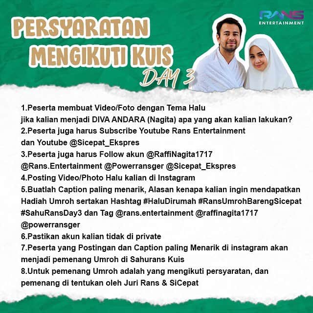 Raffi Ahmadさんのインスタグラム写真 - (Raffi AhmadInstagram)「Selamat Yaa buat @bang_art2020 pemenang Kuis #SahuRansDay2 yang berhasil mendapatkan Hadiah Umroh🙏🏻 . Buat yang belum beruntung jangan sedih, karna kita akan bagi bagi hadiah umroh setiap harinya😇 . Untuk persyaratan Kuis #SahuRansDay3 ada di slide ke 2☝🏻 Buruan ikutan!! #RansUmrohBarengSicepat #HaluDirumah #SahuRansDay3」4月25日 21時41分 - raffinagita1717