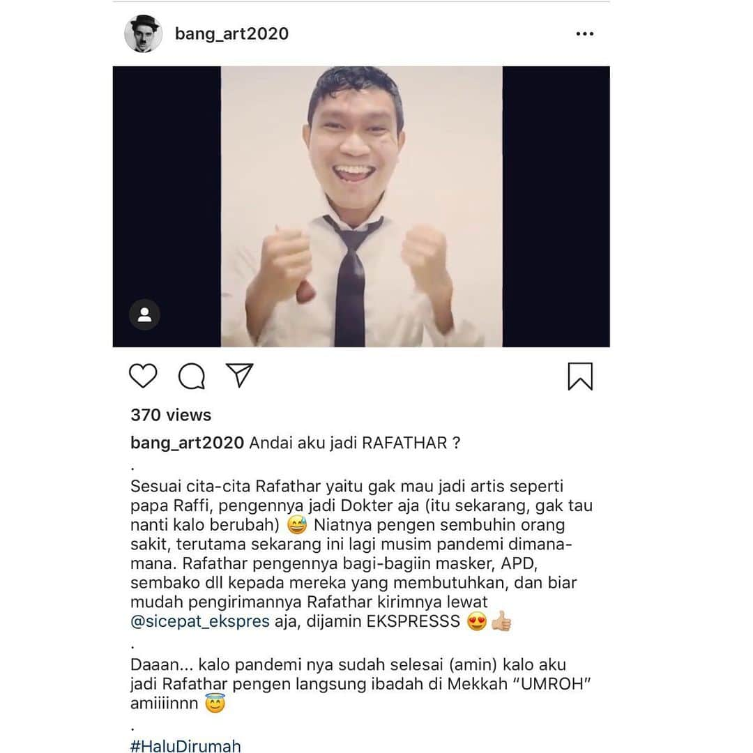 Raffi Ahmadさんのインスタグラム写真 - (Raffi AhmadInstagram)「Selamat Yaa buat @bang_art2020 pemenang Kuis #SahuRansDay2 yang berhasil mendapatkan Hadiah Umroh🙏🏻 . Buat yang belum beruntung jangan sedih, karna kita akan bagi bagi hadiah umroh setiap harinya😇 . Untuk persyaratan Kuis #SahuRansDay3 ada di slide ke 2☝🏻 Buruan ikutan!! #RansUmrohBarengSicepat #HaluDirumah #SahuRansDay3」4月25日 21時41分 - raffinagita1717