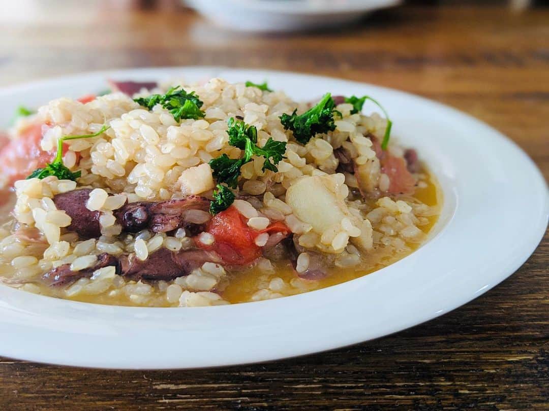 藤田敦子のインスタグラム：「ㅤㅤㅤ 【#blendakitchen 】 昨日のアクアパッツァを再利用？してリゾットに。 作り方は @atsushi_kurumata の ハマグリリゾットのレシピをアレンジして ホタルイカでやってみた♪ イタリアンパセリなくて普通のパセリで代用。 玄米はちゃんと発芽させました🌾」