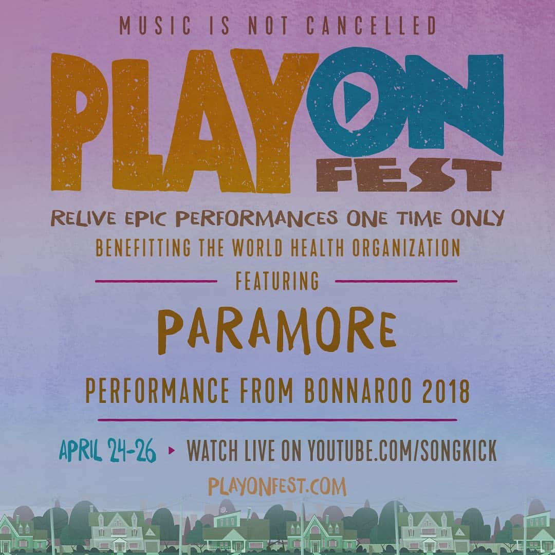 Paramoreのインスタグラム：「long time, no see 🙃 we have a little treat for you. to benefit @who, @playonfest is letting you relive one of our favorite performances to date - our set from @bonnaroo 2018. get comfy and tune in. ⤵️ . log onto playonfest.com at 5:15pm EST tomorrow or 5:20am EST Monday to watch . . photos by @poonehghana @christian.x, @andybarron, @kylierebeccaa and @wendyhwei」