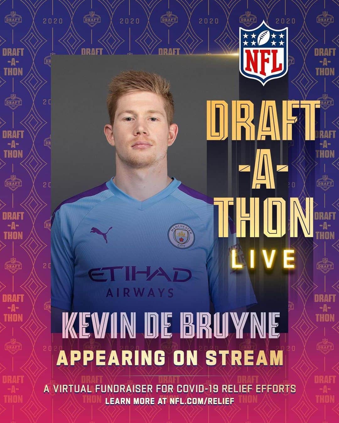 ケヴィン・デ・ブライネのインスタグラム：「I’ll be joining the NFL Draft-a-Thon at 12pm PST | 8pm BST today to support COVID-19 relief efforts. Over $85M raised so far!! Tune in and donate at relief.nfl.com. Thanks everyone.」
