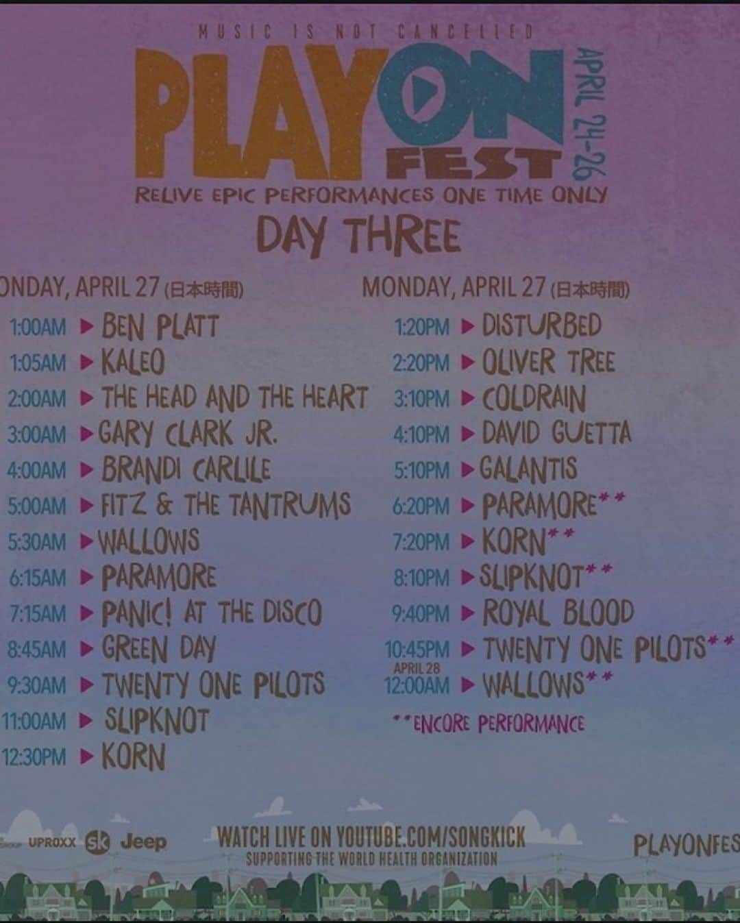 奥浜レイラさんのインスタグラム写真 - (奥浜レイラInstagram)「24日から26日までYouTube上で開催中のバーチャル・フェス『PlayOn Fest』﻿ ﻿ ﻿ こちらは、国連が設立した「COVID-19連帯対応基金」を支援するため、ワーナー・ミュージックのアーティストの過去のパフォーマンスを配信するチャリティイベント。﻿ ﻿ ライブ以外に貴重な映像もあるようです。﻿ 二プシー・ハッスルは、追悼としてデビュー時の公演が26日昼に配信になります。﻿ タイムテーブルは写真の2枚目以降をどうぞ！(日本時間の表記、ありがたや)﻿ ﻿ 開催中は @playonfest2020 のサイト内から、ワンクリックで募金が可能です。﻿ グッズ購入でも寄付ができます。﻿ ﻿ さて、Tシャツはこのあと朝6時から配信されるジャネール・モネイの去年の夏のマーチャン。﻿ 2019年はフジロックとシカゴのロラパルーザフェスで2週続けてパフォーマンスを観て、下半期はかなり励まされてました。﻿ 彼女の言葉は強くて優しい。 自分をまるごと認めてあげること。時々だれかに強く言ってもらわないと、自尊心はすぐ萎むからなぁ。  #playonfest  #janellemonae  #laylastshirts」4月26日 3時58分 - laylaokuhama