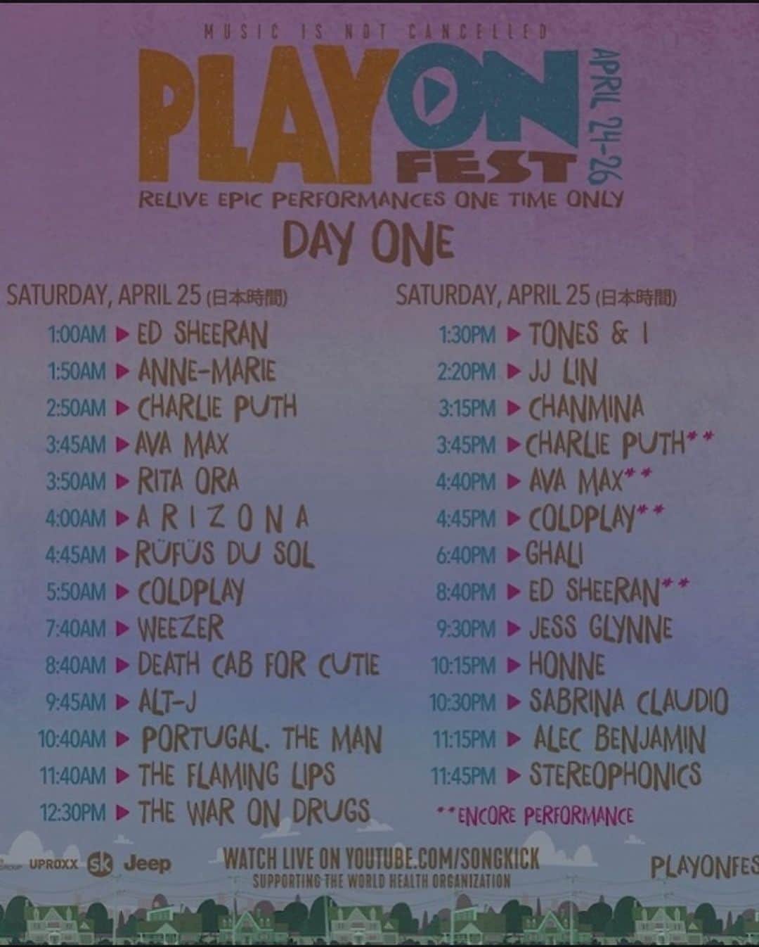 奥浜レイラさんのインスタグラム写真 - (奥浜レイラInstagram)「24日から26日までYouTube上で開催中のバーチャル・フェス『PlayOn Fest』﻿ ﻿ ﻿ こちらは、国連が設立した「COVID-19連帯対応基金」を支援するため、ワーナー・ミュージックのアーティストの過去のパフォーマンスを配信するチャリティイベント。﻿ ﻿ ライブ以外に貴重な映像もあるようです。﻿ 二プシー・ハッスルは、追悼としてデビュー時の公演が26日昼に配信になります。﻿ タイムテーブルは写真の2枚目以降をどうぞ！(日本時間の表記、ありがたや)﻿ ﻿ 開催中は @playonfest2020 のサイト内から、ワンクリックで募金が可能です。﻿ グッズ購入でも寄付ができます。﻿ ﻿ さて、Tシャツはこのあと朝6時から配信されるジャネール・モネイの去年の夏のマーチャン。﻿ 2019年はフジロックとシカゴのロラパルーザフェスで2週続けてパフォーマンスを観て、下半期はかなり励まされてました。﻿ 彼女の言葉は強くて優しい。 自分をまるごと認めてあげること。時々だれかに強く言ってもらわないと、自尊心はすぐ萎むからなぁ。  #playonfest  #janellemonae  #laylastshirts」4月26日 3時58分 - laylaokuhama