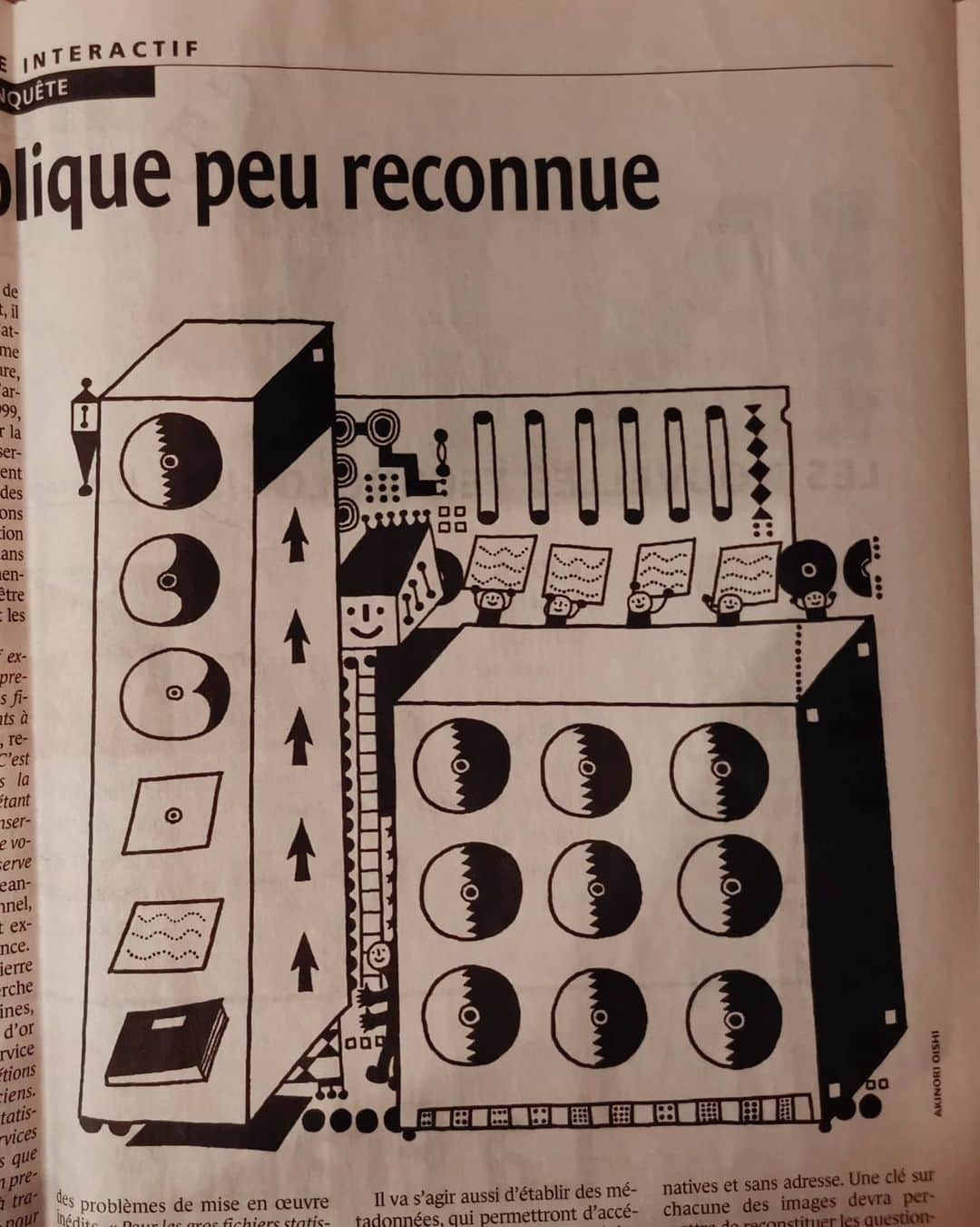 大石暁規さんのインスタグラム写真 - (大石暁規Instagram)「2001年。フランス大手新聞「ル・モンド」イラスト仕事。悩みまくりの20代のとき、フランス行きに繋がって自分の作品にも自信が持てた時期です～☺️この新聞を大切に保管して下さっていたIAMAS同期生の小林さん、ありがとうございました！#lemonde #france」4月26日 17時27分 - akinori_oishi