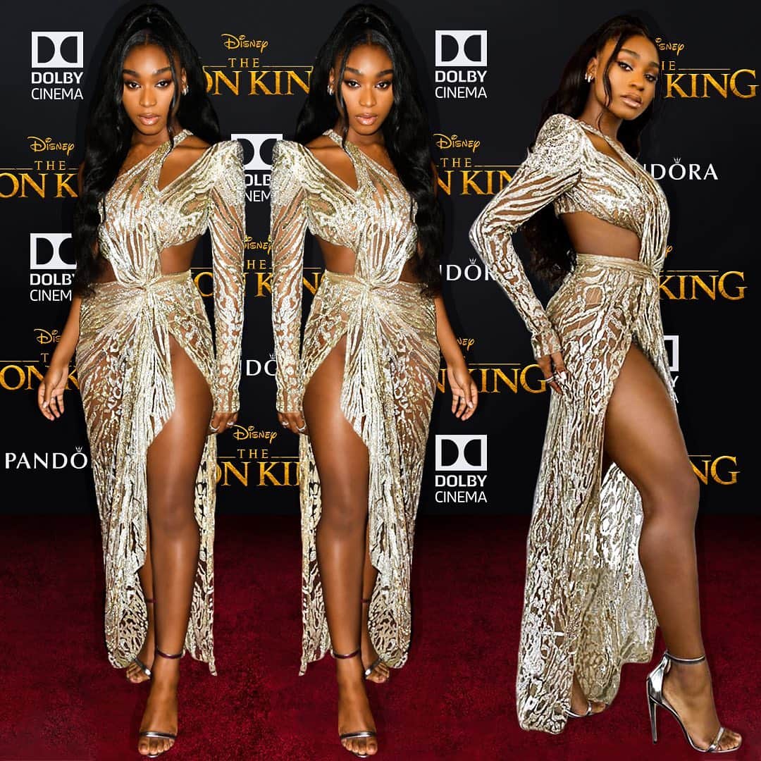 ジュリアンマクドナルドのインスタグラム：「The fierce @normani took on the #LIONKING premier red carpet in a #JULIENMACDONALD animal-inspired embellished champaign gold gown with seductive cut-outs.  You can find her latest @rollingstone interview in the link on her bio to read all about her amazing solo career.  Congratulations on all the success @normani! Love, Julien xx  Styled by @stylememaeve Shoes @jimmychoo Music: Motivation by @normani」