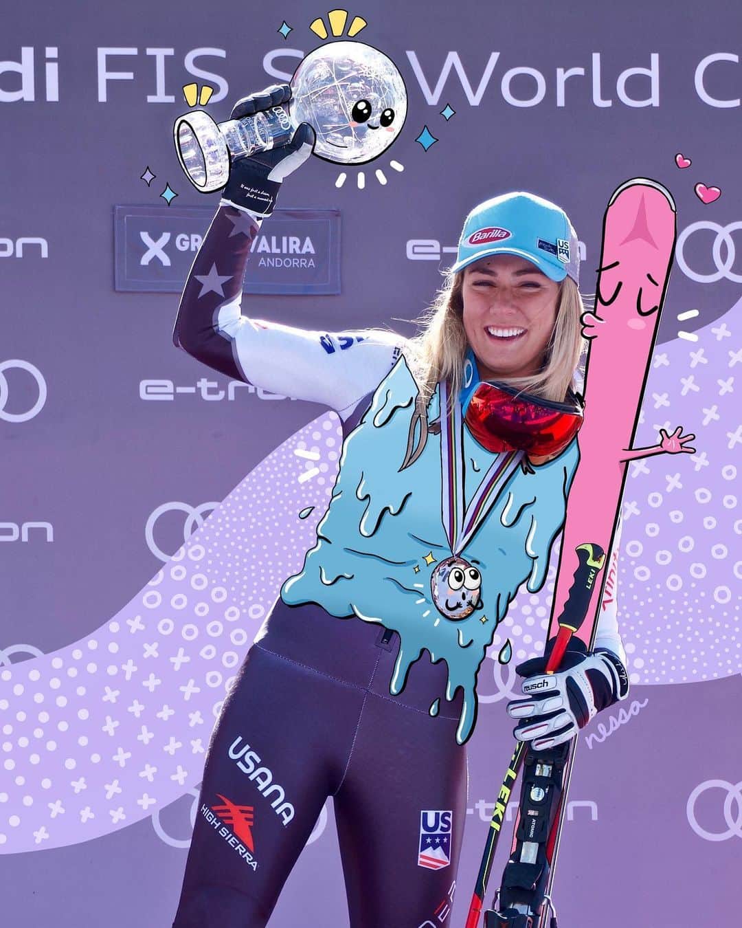 ミカエラ・シフリンのインスタグラム：「Nessa’s illustrations make me smile…thank you @nssdzmn! This photo was taken by my dad two seasons ago in Andorra…looking at it now, I can remember the mix of exhaustion and happiness that day, after a long 2018-19 season. I had just won my first giant slalom globe – something I had been dreaming about for a long time and I was just so dang excited. My dad always had a way of capturing my emotions better than anyone else, (probably because he knew me better!) and this moment is such a great example of that❤️. Also gotta love how Nessa made my Atomics with a kissy face…@atomicski has been my sponsor from the beginning of my World Cup career (before that actually), and I really can’t wait until we can all safely return to the mountain so I can click back into my Redsters! #weareskiing (ok- not quite yet, but hopefully sooner rather than later!🤞)👏👏」