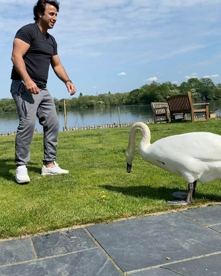 マチュー・フラミニのインスタグラム：「Happy Sunday to everyone. Finding ways to keep active with new friends 🦢🦢😘#happydays #staysafe ✌🏽」