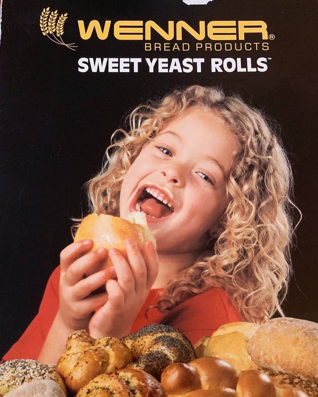 のインスタグラム：「Just found this gem from a job I did when I was 5...and I gotta say...it fits my #quarantine mood 88.9% of the time. #breadislife 🥖🥐🍞🥯🧈 Also, that company name and tag line is just something else. 😂」