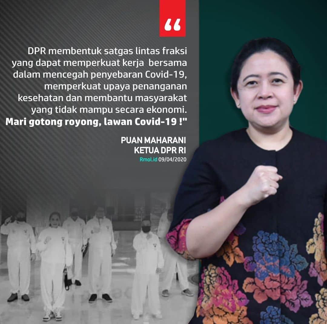 大槻ひびきのインスタグラム：「"DPR membentuk satgas lintas fraksi yang dapat memperkuat kerja bersama dalam mencegah penyebaran Covid-19, memperkuat upaya penanganan kesehatan dan membantu masyarakat yang tidak mampu secara ekonomi. Mari gotong royong, lawan Covid-19!," • Puan Maharani  Ketua DPR RI 09/04/2020 Rmol.id」
