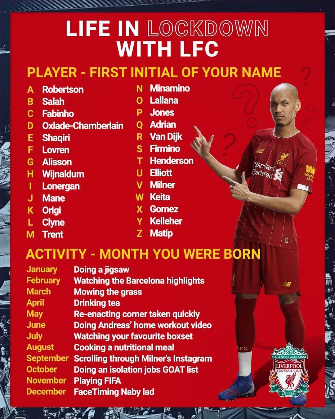 リヴァプールFCさんのインスタグラム写真 - (リヴァプールFCInstagram)「It’s the #LFC lockdown game 😬 Take the first letter of your name to get your isolation buddy and the month you were born to get your activity... Let us know who you'll be with and what you're doing 🤔👇 #LiverpoolFC #Liverpool #StayHome」4月27日 22時41分 - liverpoolfc