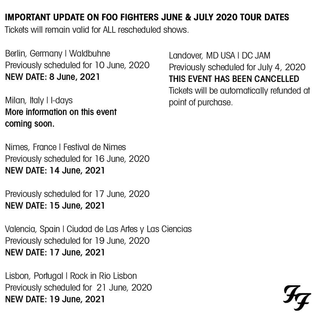 フー・ファイターズさんのインスタグラム写真 - (フー・ファイターズInstagram)「Important update on #FooFighters June & July 2020 Tour Dates . For more information on a specific shows policies, visit link in bio.」4月27日 23時02分 - foofighters