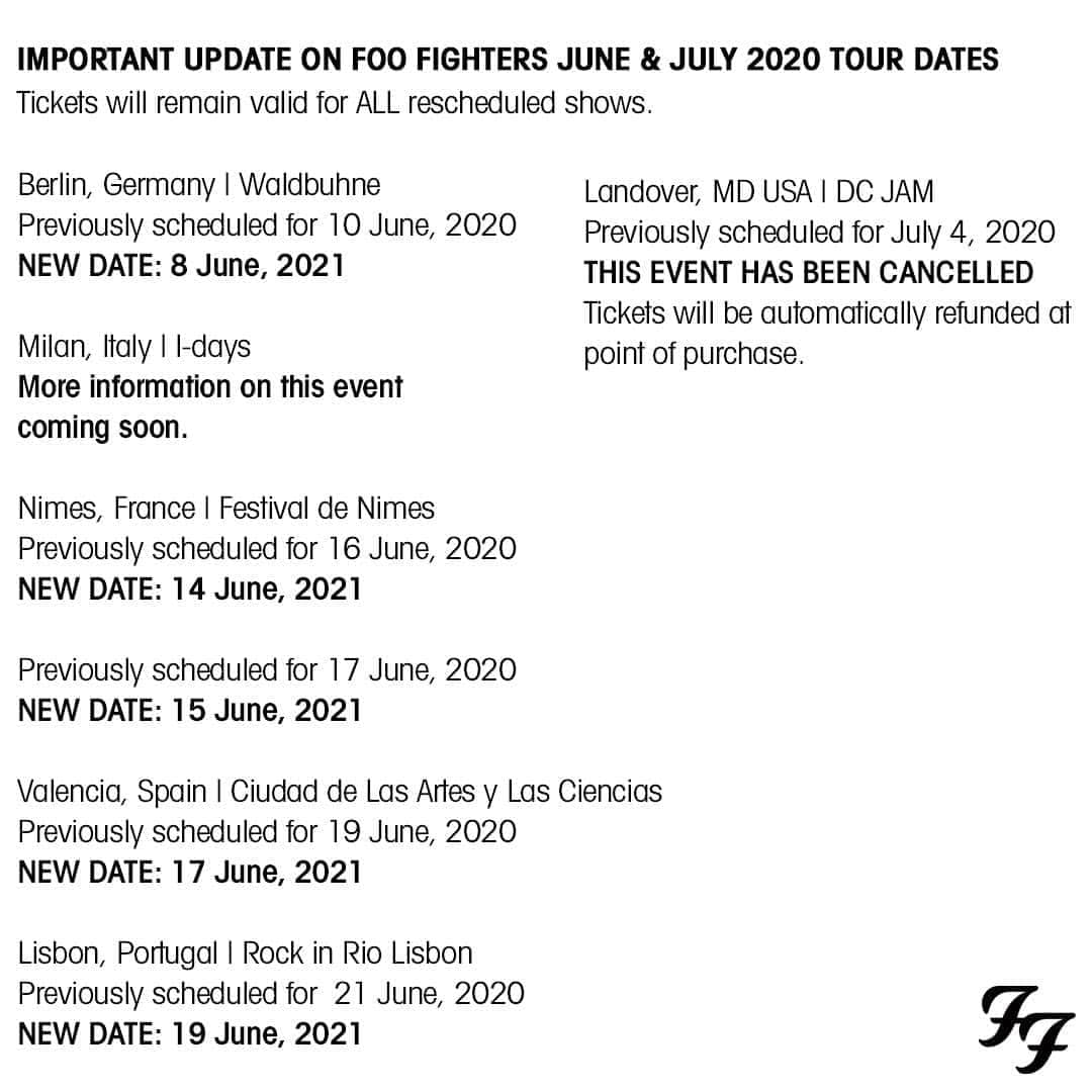 フー・ファイターズのインスタグラム：「Important update on #FooFighters June & July 2020 Tour Dates . For more information on a specific shows policies, visit link in bio.」