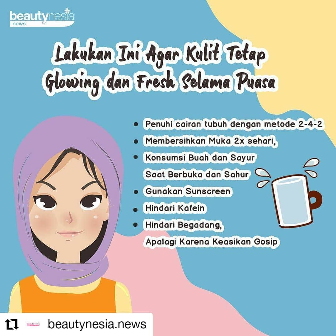 Beauty | Health | Fashionさんのインスタグラム写真 - (Beauty | Health | FashionInstagram)「#Reposted from @beautynesia.news  Gak cuma gebetan aja yang butuh perhatian, kulit juga membutuhkan perhatian lebih supaya tetap sehat dan terjaga selama bulan Ramadhan 🌙. ⁣ ⁣ Supaya kulit tetap fresh dan glowing, kamu perlu melakukan beberapa trik nih. Salah satunya penuhi cairan dengan metode 2-4-2 💧 yaitu 2 gelas air putih saat berbuka, 4 gelas saat malam hari dan 2 gelas saat sahur. Selain itu hindari begadang ya beb 😖, karena efek begadang akan membuat kulit semakin kusam. Apalagi begadang nya karena keasikan bergosip ama temen. Wahhh jangan coba coba yaa beb.⁣ ⁣ Yuk lebih perhatian lagi sama kulit 😉💖🌟⁣ ⁣ Selamat Menjalankan Ibadah Puasa 😇⁣」4月28日 1時24分 - beautynesia.id