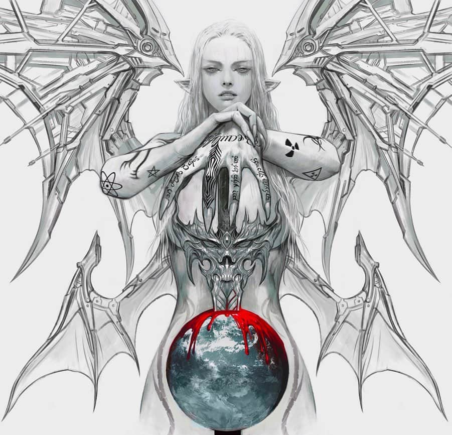 グライムスのインスタグラム：「This was the original Miss Anthropocene album cover which I commissioned from one of my *favourite* artists @rupid79m 🤍🤍 I polled a bunch of ppl and everyone said not to use it (??) but I wish I trusted my gut.  I fucking LOVE this painting.  Maybe there’s a way to utilize it still (very open to ideas if u guys have ideas). I also love commissioning and/ or buying prints and art.  It’s something I just got into this year.  It’s a great way to support visual artists during the quarantine.  Some Artists I dig are @wlop @ya.hime  @vickisigh @belgeist  Normally I draw the covers myself I just wasn’t feeling it for miss A after like ten failed album covers.  Ps I love what we did w Ryder and Gmunk.  Not hating on that just wish I’d even kept this as the illustration in the program maybe instead of my drawing which.. is fine but not blowing my mind haha」